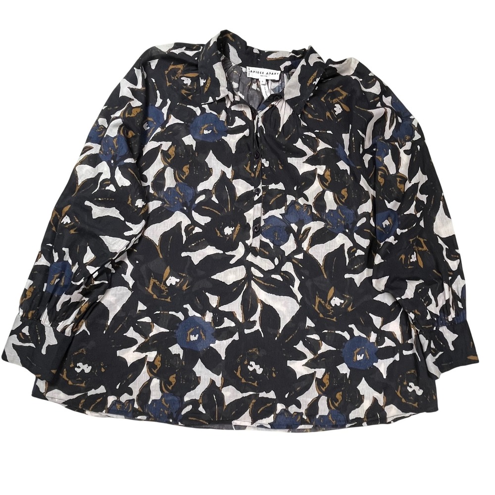 Apiece Apart Floral Blouse Women 6 Black Sheer Organic Cotton Button Front Top